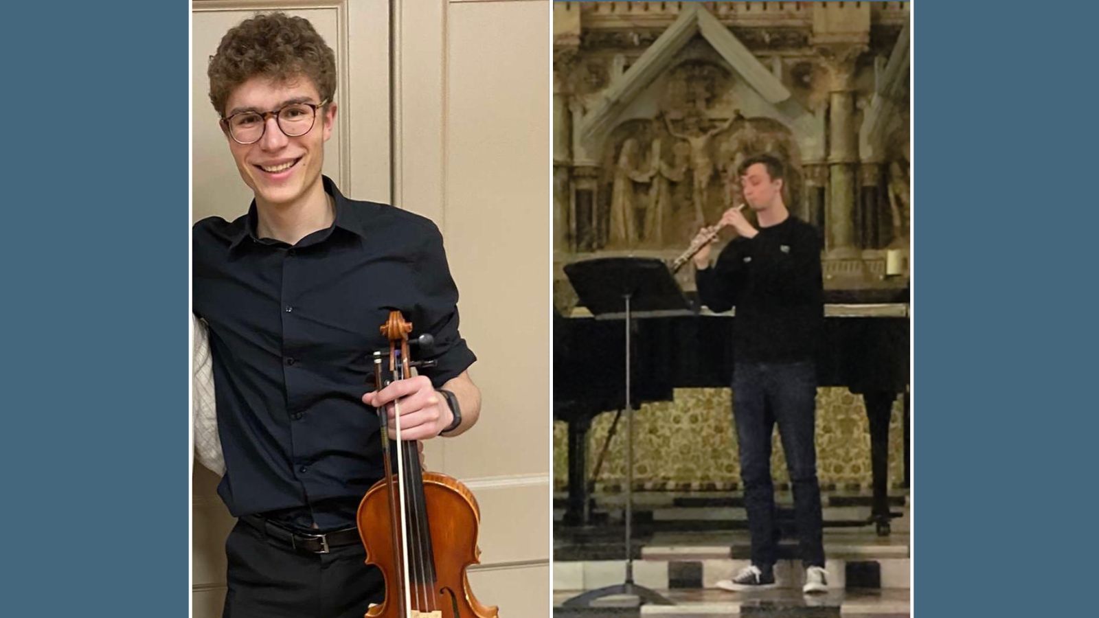 Side by side photos of Tom Kirby playing the oboe and Matthew Eldridge holding a violin