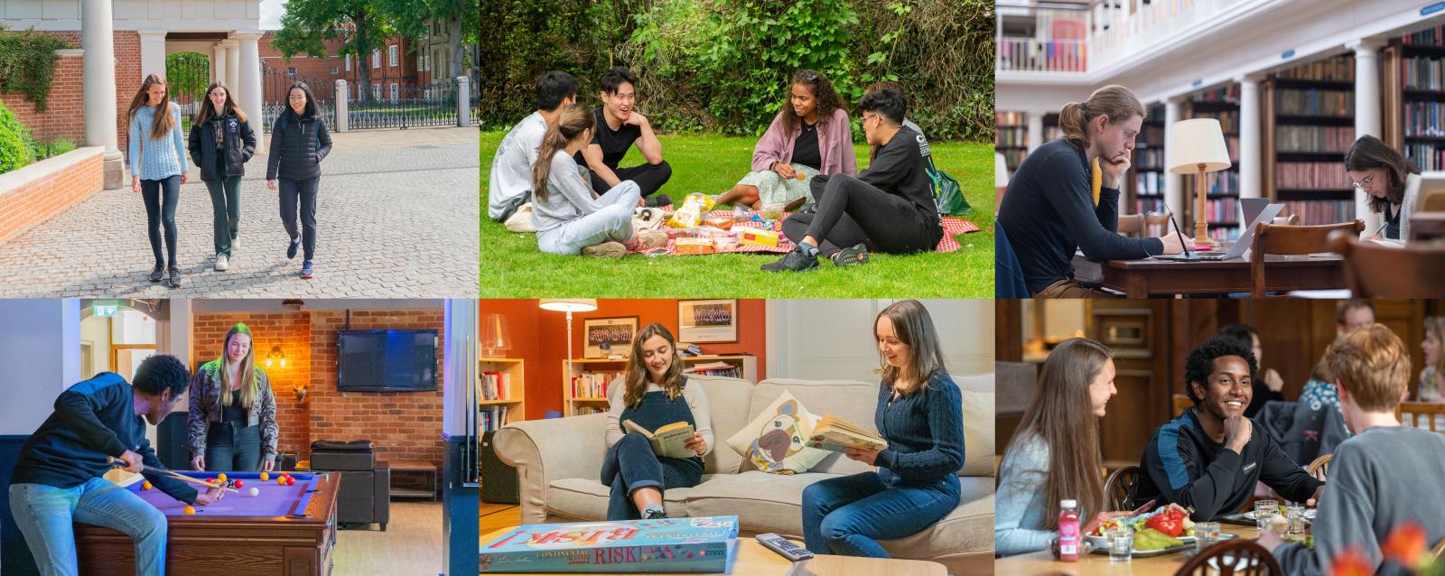 Collage of students at Lady Margaret Hall including: walking outside the front gates, having a picnic in the gardens, studying in the library, playing pool in the bar, reading in the MCR and eating in Hall.