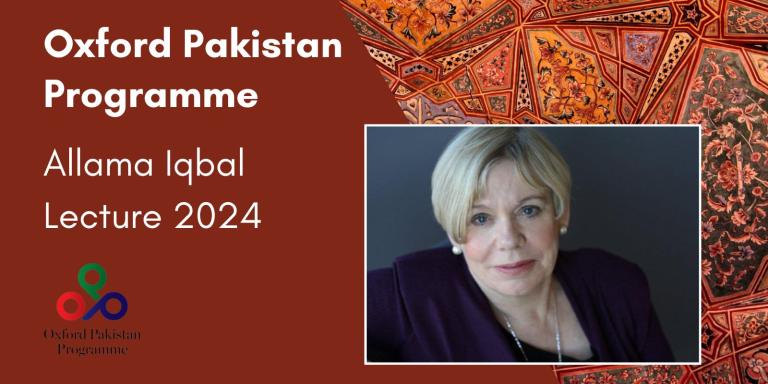 Photo of Karen Armstrong, who has short blonde hair, with the text: Oxford Pakistan Programme, Allama Iqbal Lecture 2024