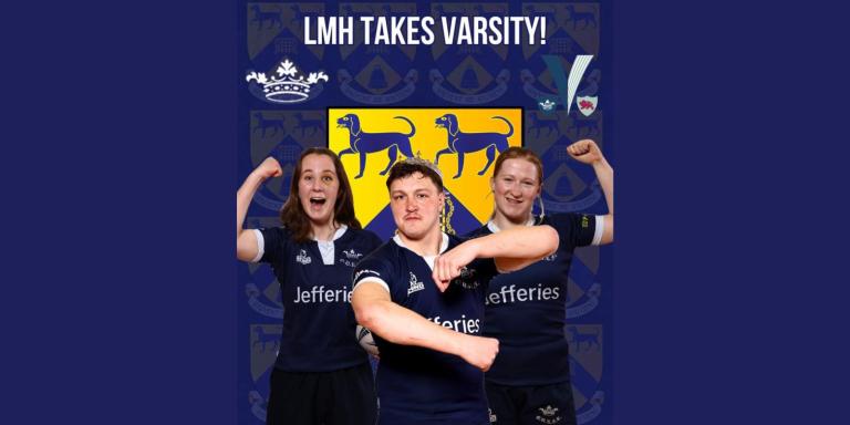 Photo of three students in rugby kit with the text: LMH Takes Varsity