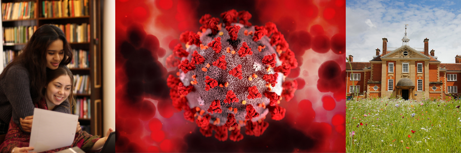 Three pictures joined together: Two girls studying in the Library (left), close up of a virus (centre), Talbot Hall at LMH (right)