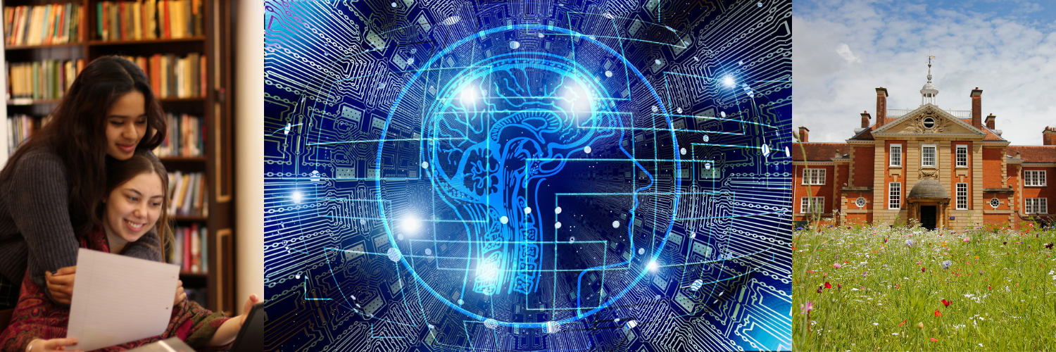 Three pictures joined together: Two girls studying in the Library (left), futuristic image of an AI brain (centre), Talbot Hall at LMH (right)