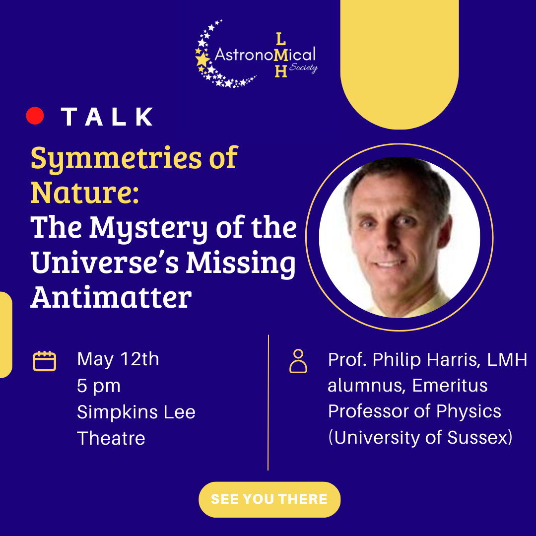 poster with a blue background advertising the talk by the LMH Astronomical Society