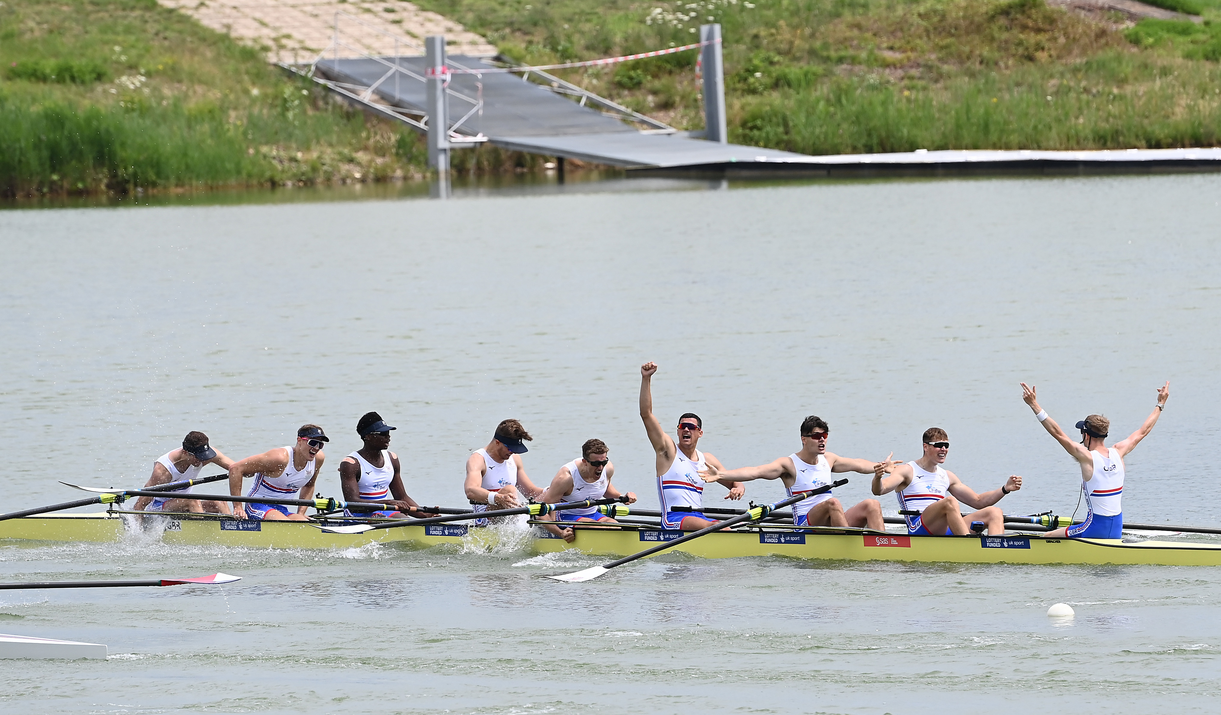 Felix Drinkall rowing in the men's eights at the U23 World Championships