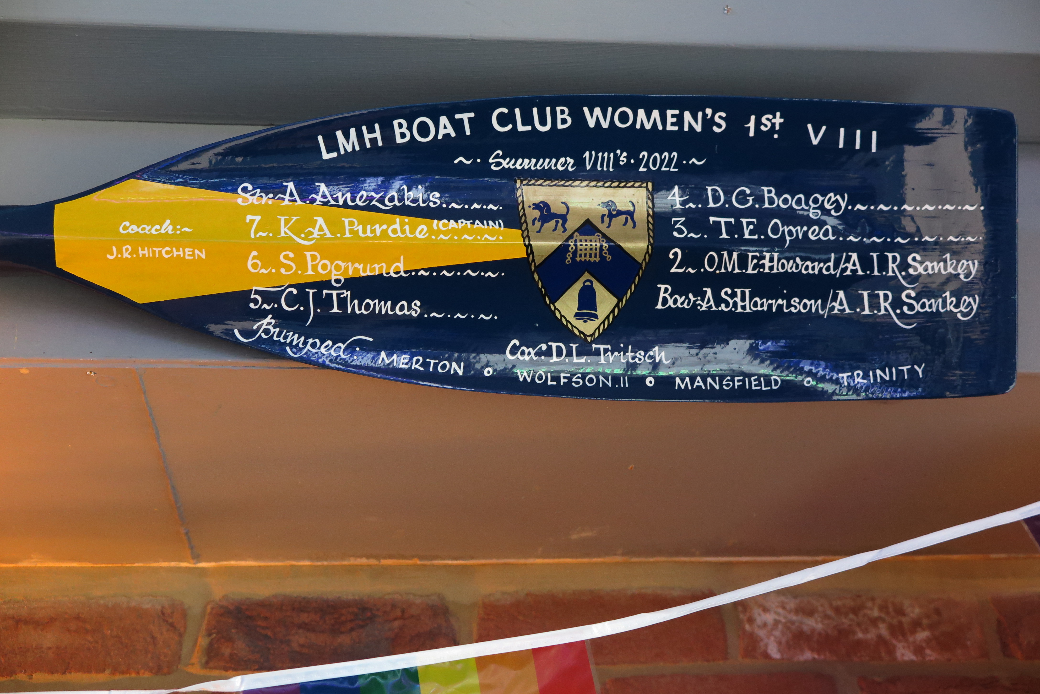 Close up of the blade of a rowing oar with hand painted text