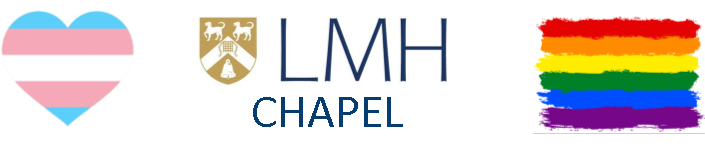 Transgender Pride Flag, LMH Chapel Logo and LGBTQ Flag