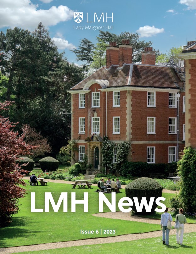 Cover of LMH News, which has a photo of a red brick building and copper beech tree against a blue sky