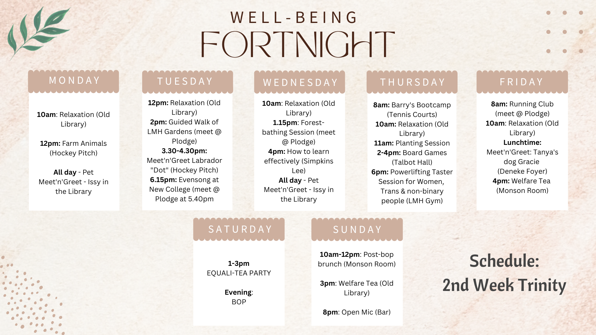 A calendar of Wellbeing Fortnight events, as summarised in the page below