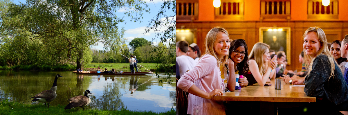 (Left) Students punting on the river and (Right) Students sitting and smiling in Hall