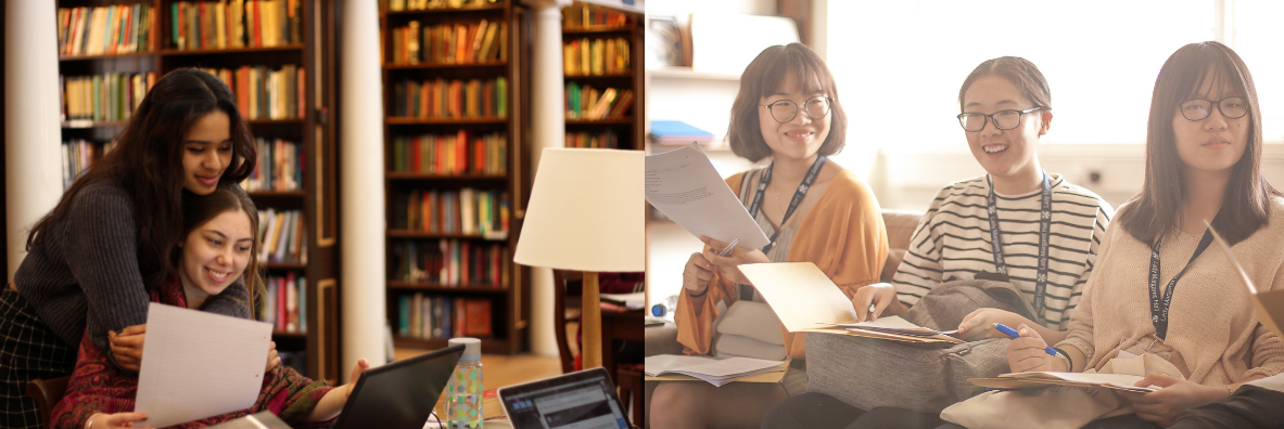 (Left) Two students hugging in Library and (Right) Three students smiling in tutorial