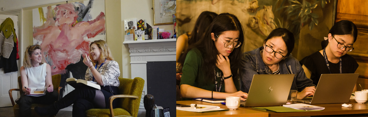 (Left) A student in conversation with a Tutor and (Right) Three students studying on their laptops