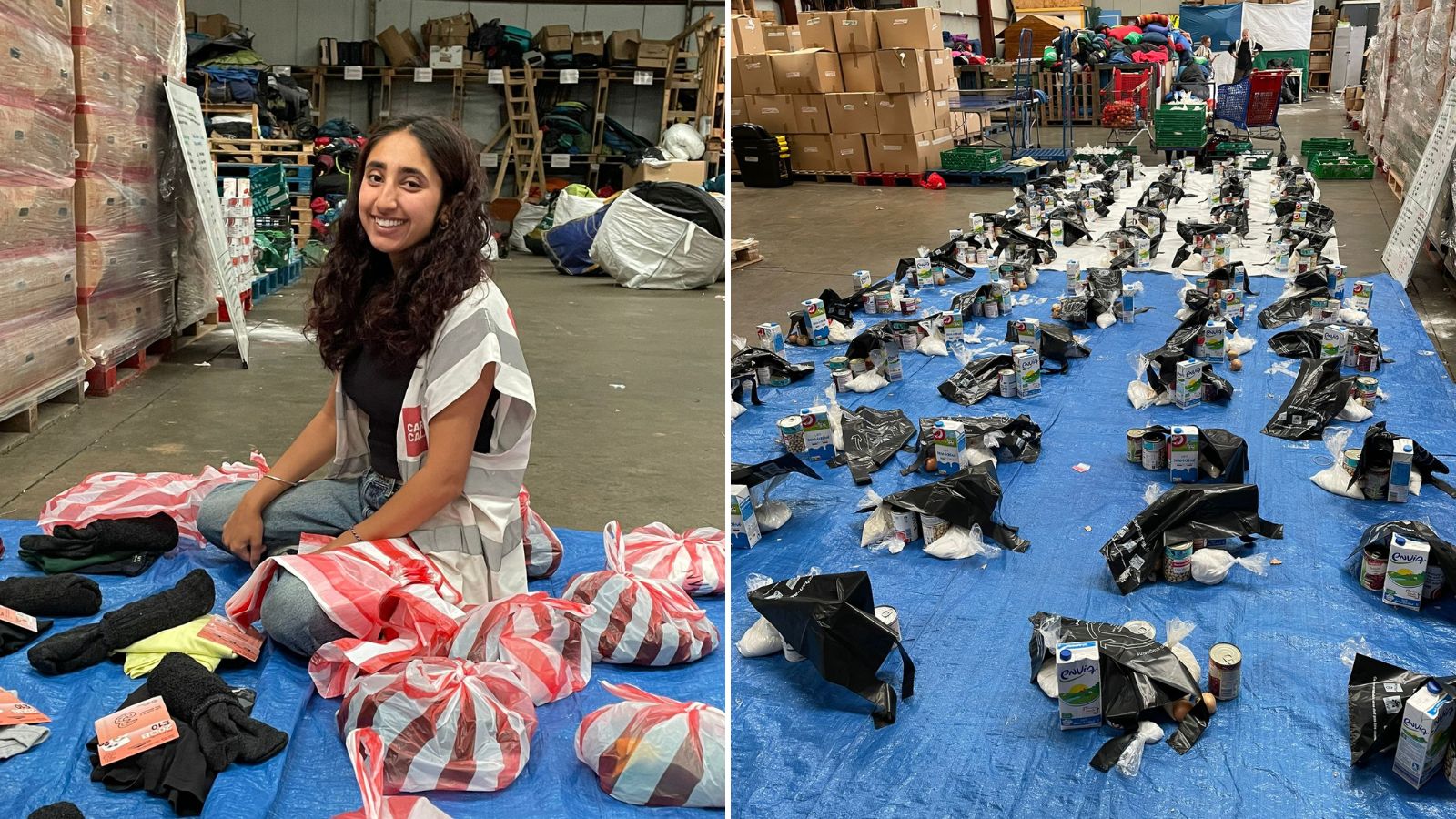 Photo of Sukhneel Jaspal in the Care4Calais warehouse preparing packages for refugees