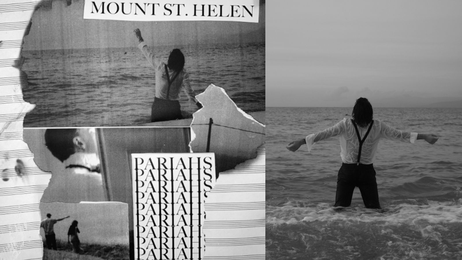 Black and white images of a man standing in the sea with his arms spread wide