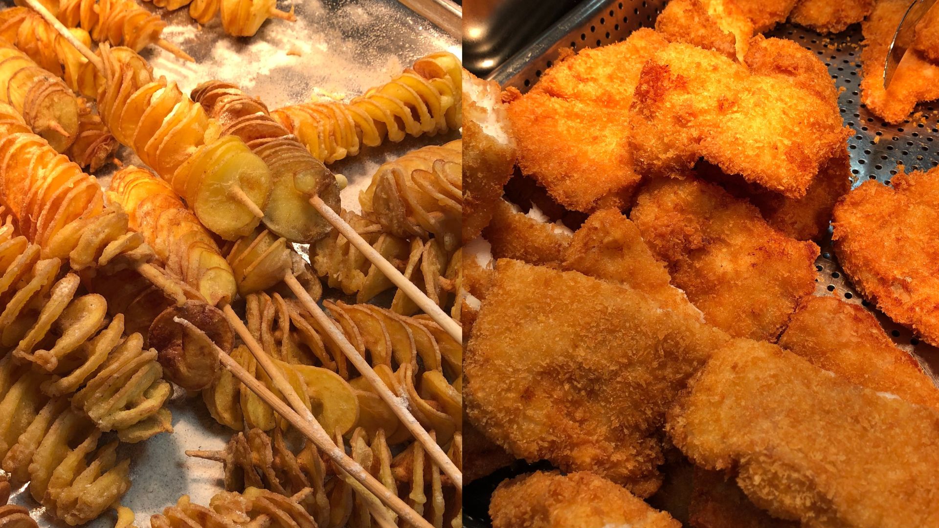 Side by side images of fried potatoes on a stick and fried breaded fish