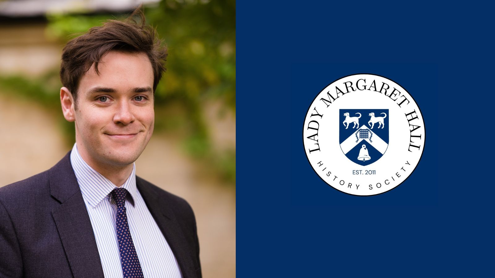 Photo of Dr Joshua Bennett next to the logo for the LMH History Society