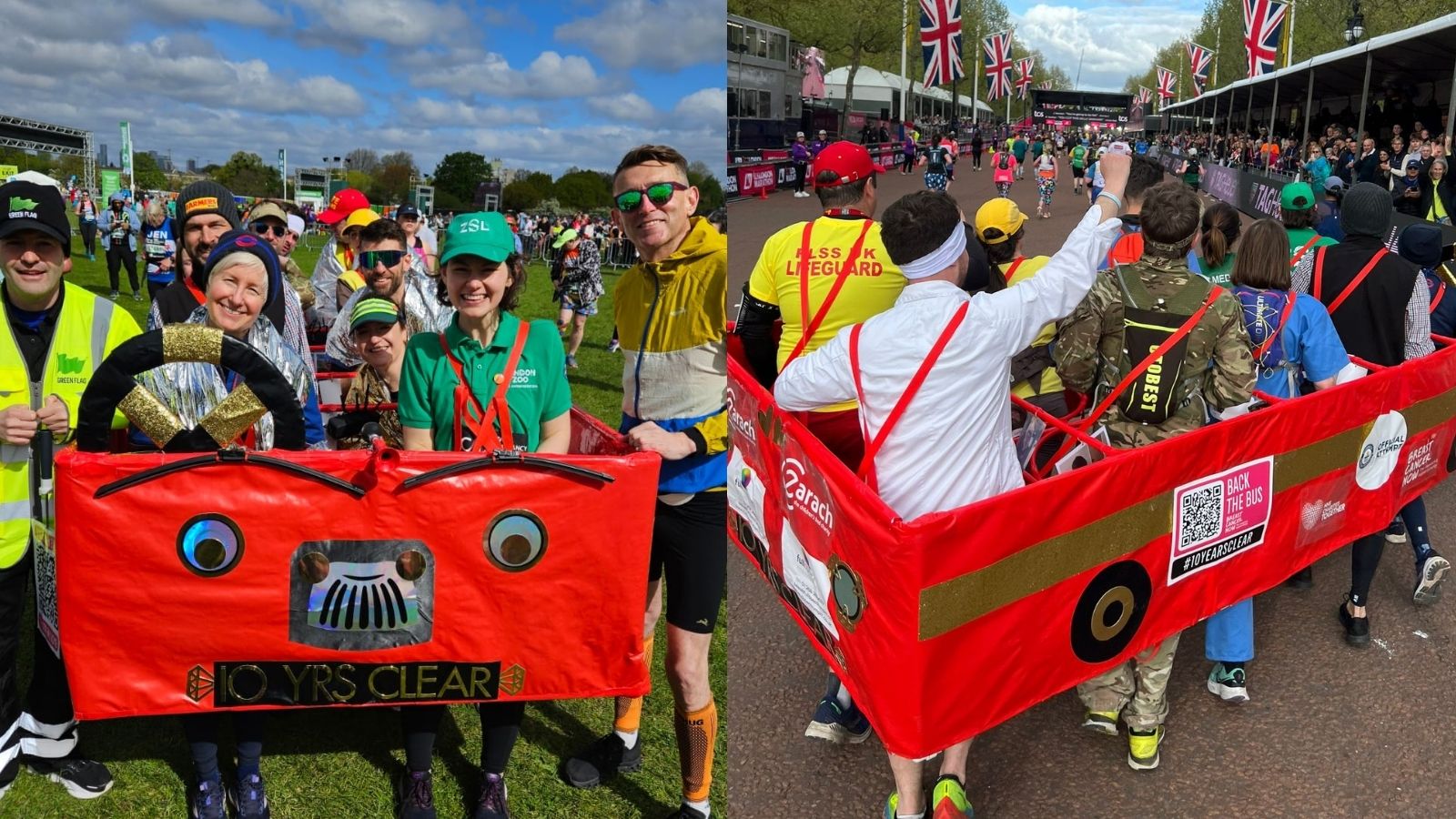 A group of people dressed as a London bus running the London Marathon