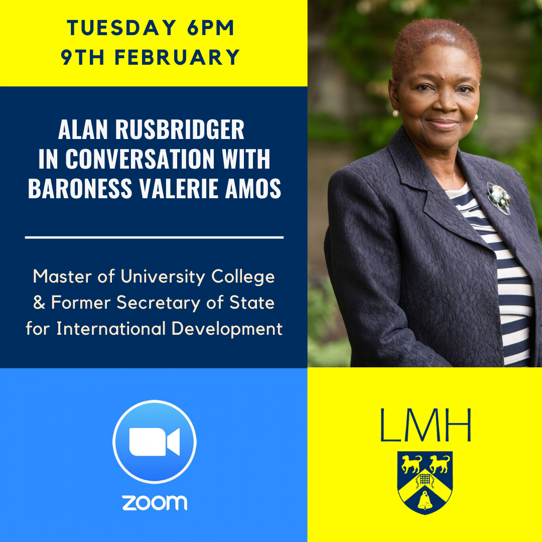 Poster for In Conversation Zoom event with Baroness Valerie Amos