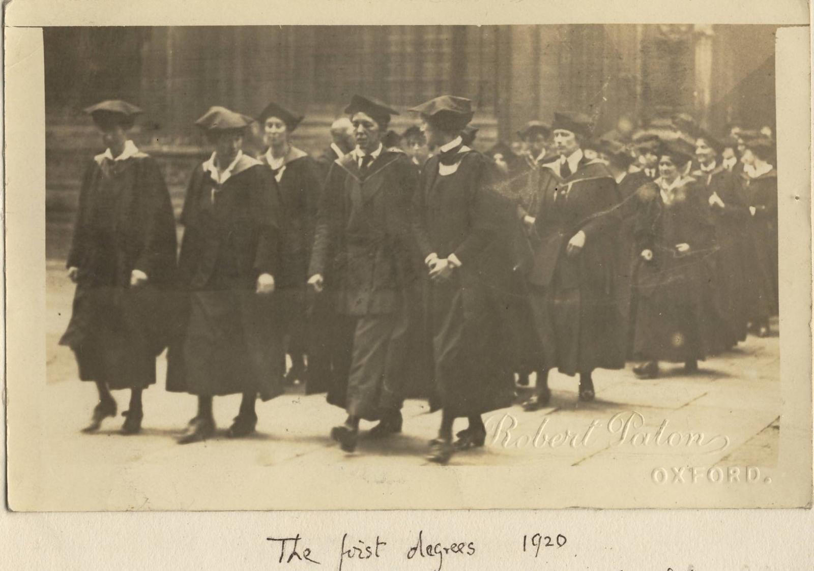 In 1920 women finally became full members of the University. This photograph, taken from the unpublished memoir of Helena Deneke ( LMH Tutor of German 1913-1938), shows students walking to the Sheldonian Theatre before being presented their degrees.