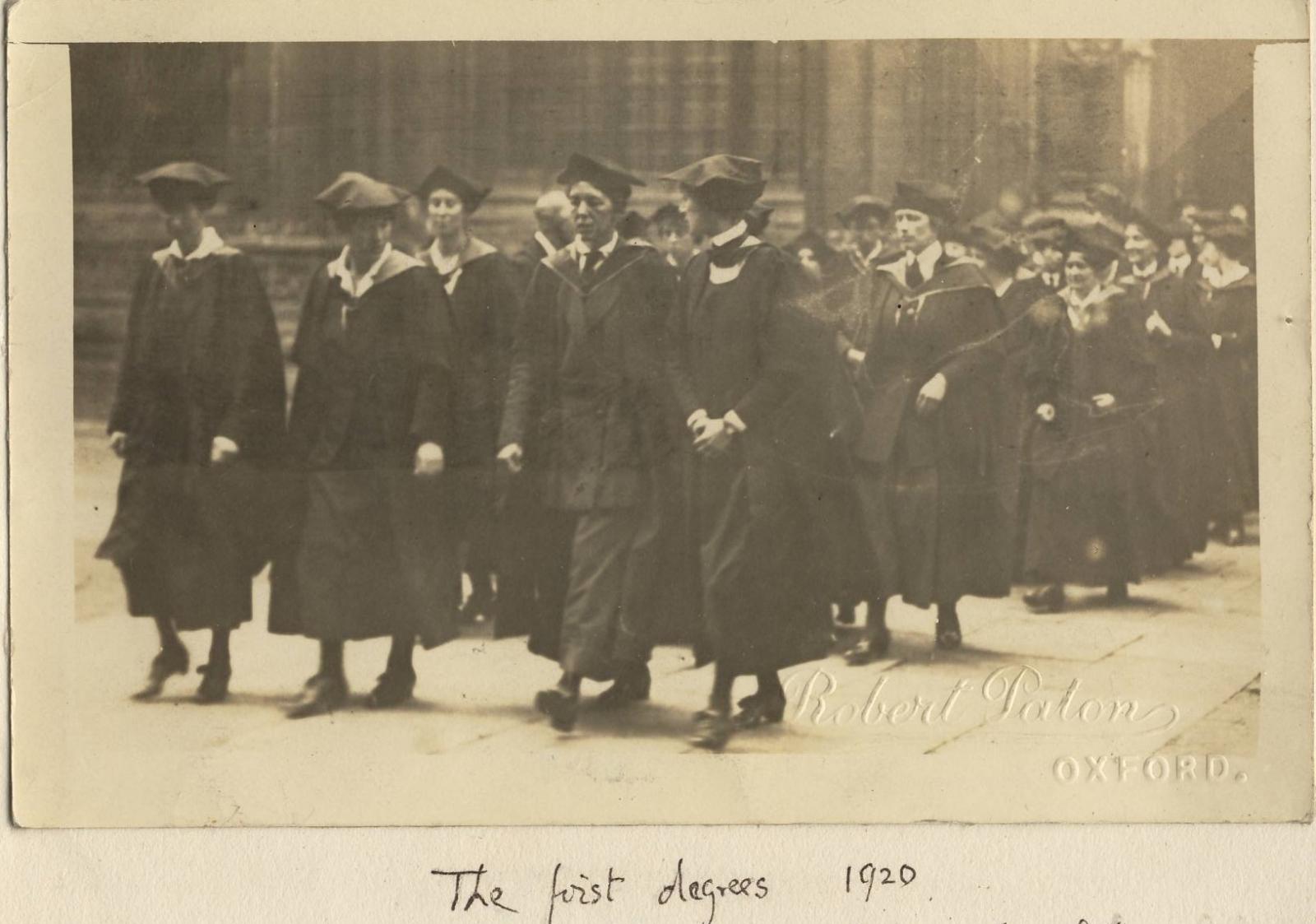 In 1920 women finally became full members of the University. This photograph, taken from the unpublished memoir of Helena Deneke ( LMH Tutor of German 1913-1938), shows students walking to the Sheldonian Theatre before being  presented their degrees.