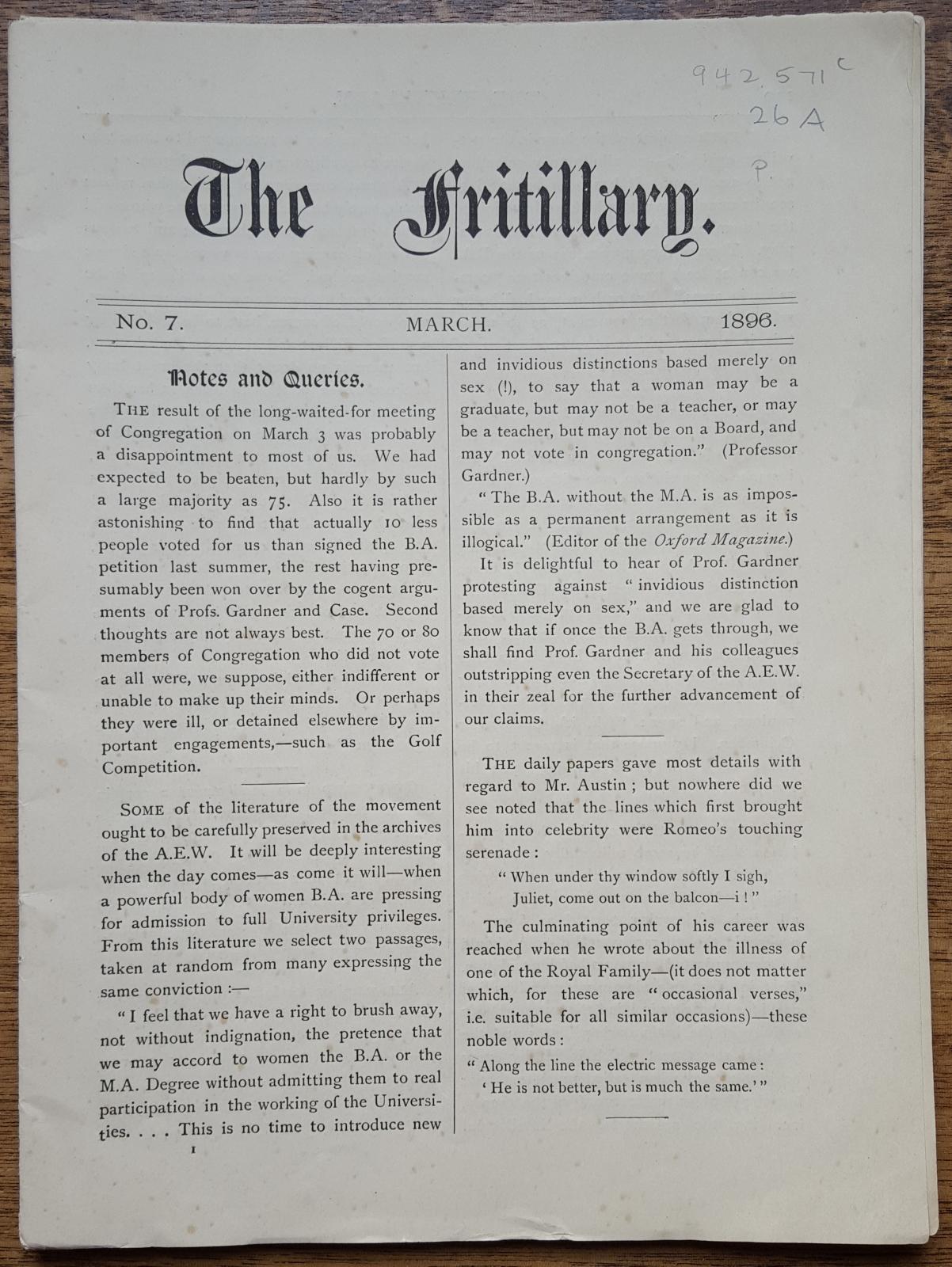 The Fritillary, the termly magazine of the Oxford women’s colleges