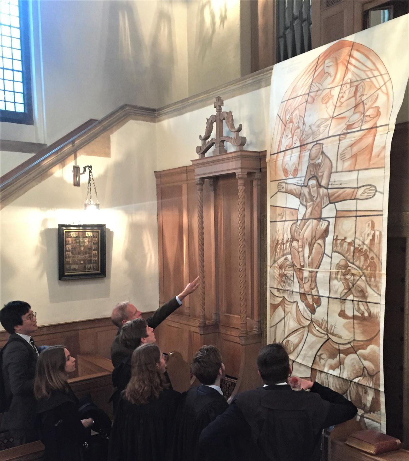 Nicholas Mynheer shows LMH students his painting in Chapel