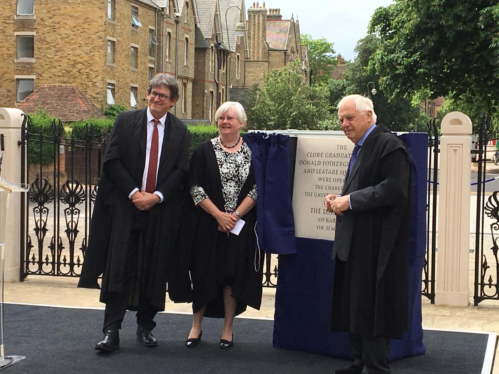 The Chancellor of Oxford University opens the new buildings, accompanied by the current Principal Alan Rusbridger and former Principal Dame Frances Lannon