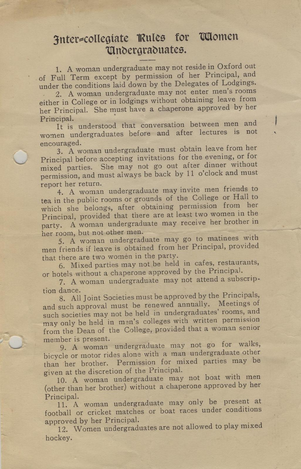 Rules for Women Undergraduates c.1910