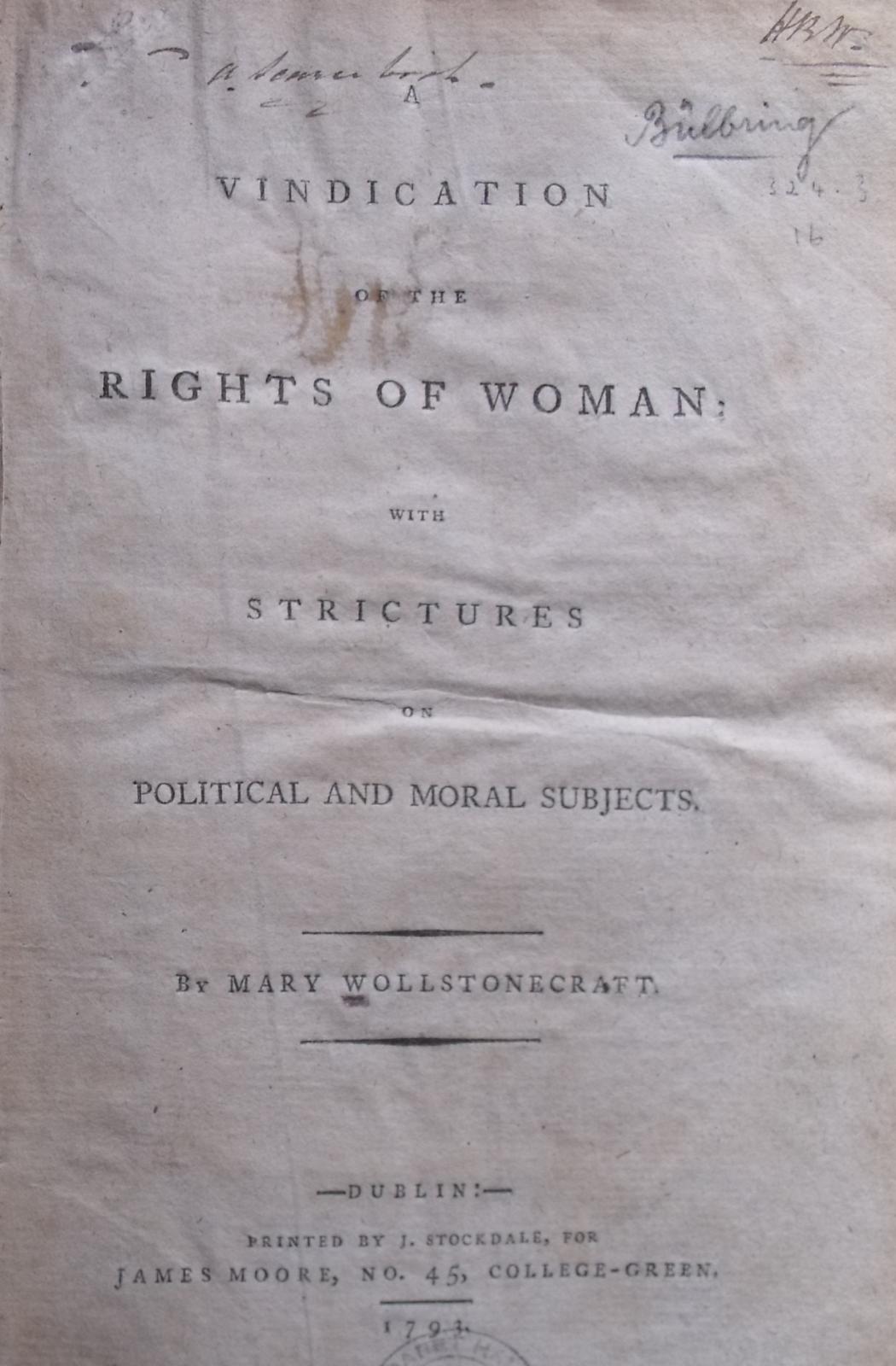 The LMH copy of Vindication of the Rights of Woman by Mary Wollstonecraft 