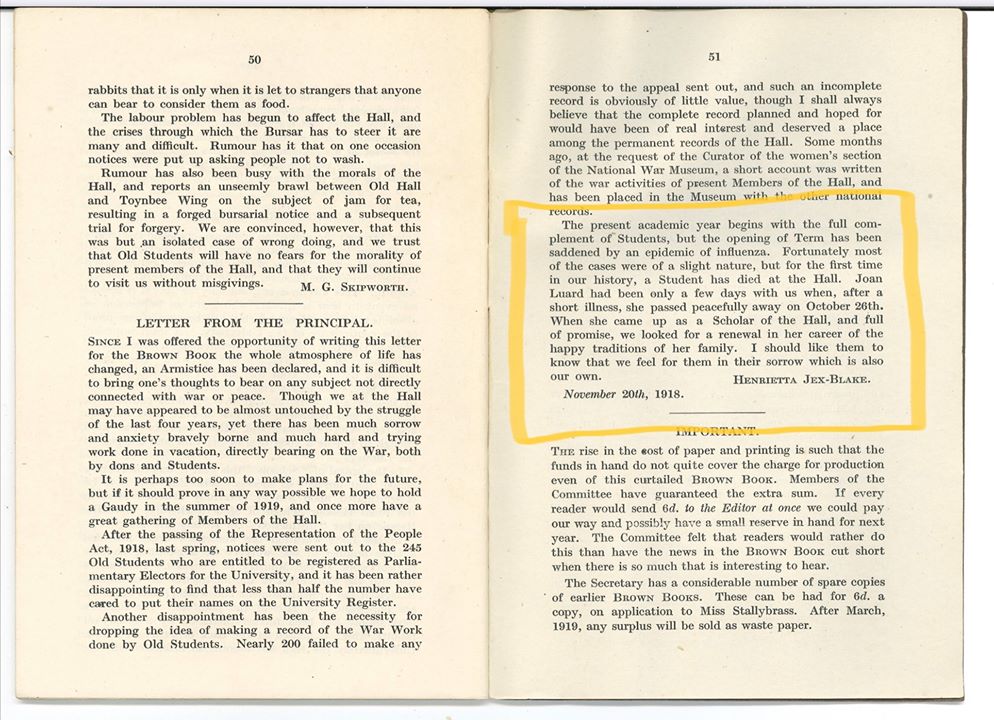 Excerpt on the 1918-1919 influenza epidemic experienced by LMH