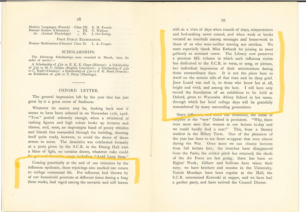Excerpt on the 1918-1919 influenza epidemic experienced by LMH