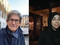 Two photos side by side. One of Alan Rusbridger in London and one of Aneela Shah
