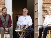 Photo of Samuel West, Professor Stephen Blyth and Dr Ben Higgins sitting on chairs having a conversation
