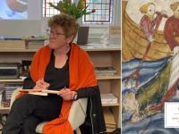 Photo of Helen Barr sitting in a study, alongside an image of the cover of her book 'Patience'