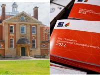 Photo of Talbot Hall next to a photo of a booklet advertising the Vice Chancellor's Sustainability Awards