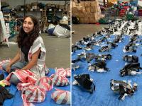 Photo of Sukhneel Jaspal in the Care4Calais warehouse preparing packages for refugees