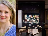 Photo of Prof Marion Turner alongside a photo of her 'Chaucer Here and Now' exhibition at the Weston Library