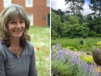 A photo of Kate Hunt, who has long grey-brown hair, sitting in the LMH gardens