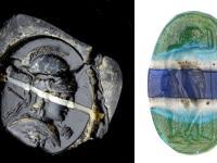 Side by side images of two items from a 'Rediscovered Gems' exhibition, which showcases gemstones with carvings of figures from classical history