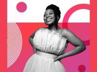 Black and white photo of Vee Kativhu on a bright pink background