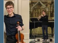Side by side photos of Tom Kirby playing the oboe and Matthew Eldridge holding a violin