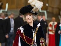 Baroness Manningham-Buller in her ceremonial robes of the Most Noble Order of the Garter
