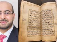 Photo of Gulamabbas Lakha alongside a photo of an old religious text