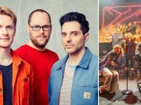 Photo of Matthew Floyd Jones, Jon Brittain and Fabian Aloise alongside a photo from musical theatre production 'Kathy and Stella Solve a Murder!'