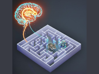 An AI-generated graphic showing a lit-up brain wired into a maze with a mouse in it