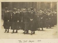 In 1920 women finally became full members of the University. This photograph, taken from the unpublished memoir of Helena Deneke ( LMH Tutor of German 1913-1938), shows students walking to the Sheldonian Theatre before being  presented their degrees.