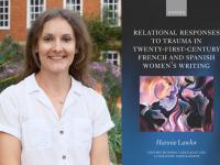 Dr Hannie Lawlor, who has long dark brown hair, alongside the cover of her book: Relational Responses to Trauma in Twenty-First Century French and Spanish Women's Writing