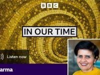 The BBC Radio 4 In Our Time backdrop with a photo of Professor Monima Chadha