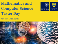 Abstract image showing binary code and mathematical equations with text: Mathematics and Computer Science Taster Day for Year 12 Students