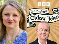 Professor Marion Turner alongside a screenshot of the advert for Ian Hislop's BBC Radio 4 series 'Ian Hislop's Oldest Jokes'