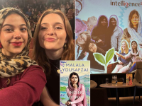A selfie of two young women at an event, alongside a stage setup with a projected collage of girls and young women and the cover of the book “Finding My Way” by Malala Yousafzai